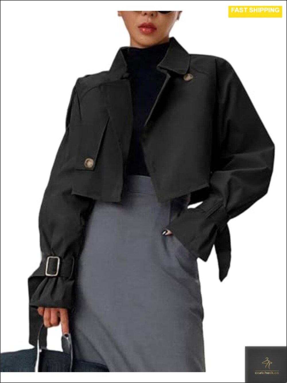 Women's Cropped Trench Coat Long Sleeve Double-Breasted Cotton Jacket